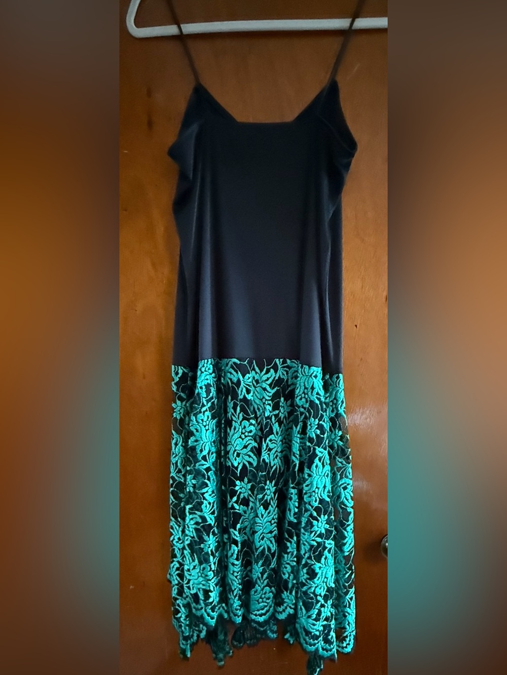 Vintage Pat Richards by Michael Maiello Black  Satin Green Lace Dress 80’s L